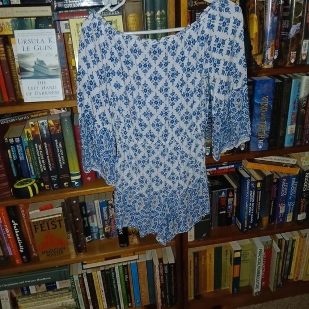 Angie Blue and White Floral Off-Shoulder Top - Picture 3 of 4
